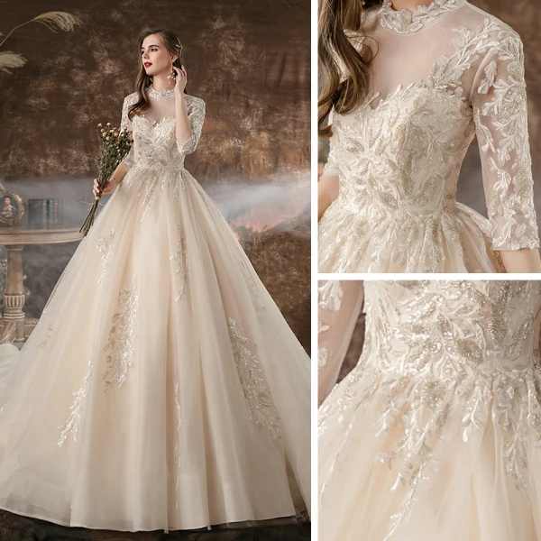 Vintage / Originale Champagne Transparentes La Mariée Robe De Mariée 2020 Robe Boule Col Haut 1/2 Manches Dos Nu Appliques En Dentelle Perlage Paillettes Cathedral Train Volants