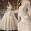 Vintage / Originale Champagne Transparentes La Mariée Robe De Mariée 2020 Robe Boule Col Haut 1/2 Manches Dos Nu Appliques En Dentelle Perlage Paillettes Cathedral Train Volants