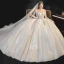 Meilleur Champagne La Mariée Robe De Mariée 2020 Robe Boule Transparentes Encolure Dégagée Manches Longues Dos Nu Appliques En Dentelle Perlage Glitter Tulle Cathedral Train Volants