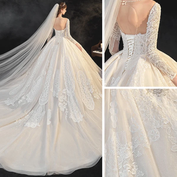 Meilleur Champagne La Mariée Robe De Mariée 2020 Robe Boule Transparentes Encolure Dégagée Manches Longues Dos Nu Appliques En Dentelle Perlage Glitter Tulle Cathedral Train Volants