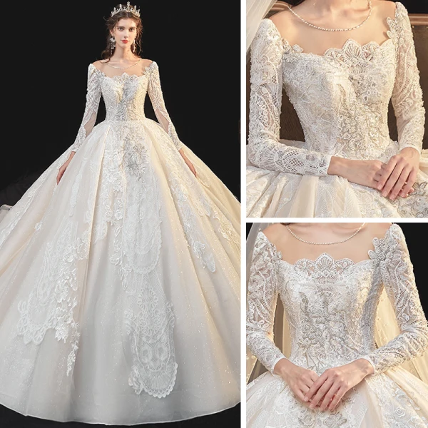 Meilleur Champagne La Mariée Robe De Mariée 2020 Robe Boule Transparentes Encolure Dégagée Manches Longues Dos Nu Appliques En Dentelle Perlage Glitter Tulle Cathedral Train Volants