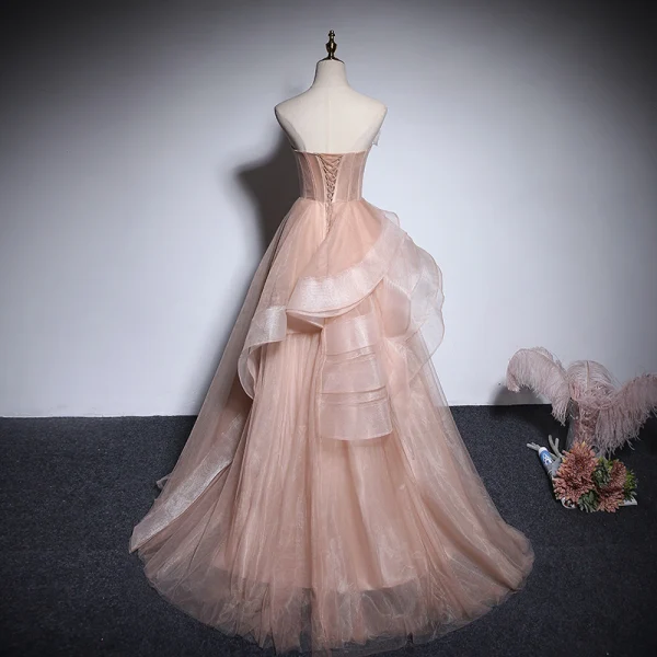 Chic / Beautiful Champagne Organza Prom Dresses 2020 A-Line / Princess Strapless Sleeveless Appliques Flower Beading Floor-Length / Long Ruffle Backless Formal Dresses
