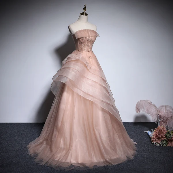 Chic / Beautiful Champagne Organza Prom Dresses 2020 A-Line / Princess Strapless Sleeveless Appliques Flower Beading Floor-Length / Long Ruffle Backless Formal Dresses