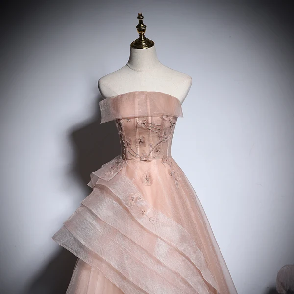 Chic / Beautiful Champagne Organza Prom Dresses 2020 A-Line / Princess Strapless Sleeveless Appliques Flower Beading Floor-Length / Long Ruffle Backless Formal Dresses