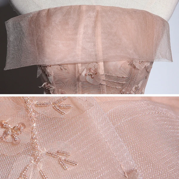 Chic / Beautiful Champagne Organza Prom Dresses 2020 A-Line / Princess Strapless Sleeveless Appliques Flower Beading Floor-Length / Long Ruffle Backless Formal Dresses