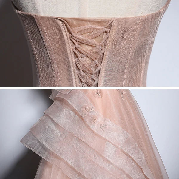Chic / Beautiful Champagne Organza Prom Dresses 2020 A-Line / Princess Strapless Sleeveless Appliques Flower Beading Floor-Length / Long Ruffle Backless Formal Dresses