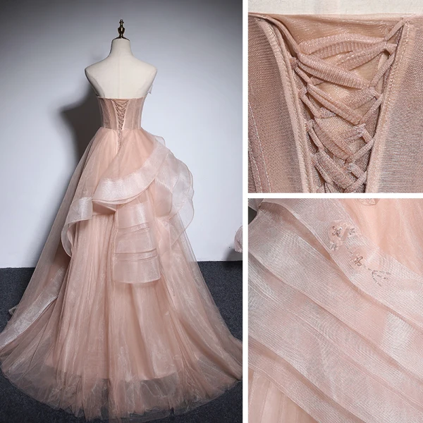 Chic / Beautiful Champagne Organza Prom Dresses 2020 A-Line / Princess Strapless Sleeveless Appliques Flower Beading Floor-Length / Long Ruffle Backless Formal Dresses