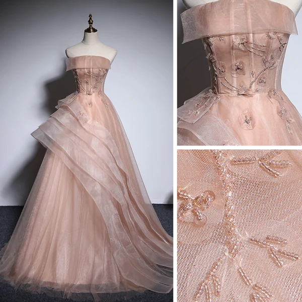 Chic / Beautiful Champagne Organza Prom Dresses 2020 A-Line / Princess Strapless Sleeveless Appliques Flower Beading Floor-Length / Long Ruffle Backless Formal Dresses