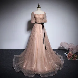 Estilo Victoriano Champán Vestidos De Gala 2020 A Line Princess Escote Cuadrado Hinchado Manga Corta Cinturón Lentejuelas Colas De Barrido Ruffle Sin Espalda Vestidos Formales