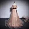 Victorian Style Champagne Prom Dresses 2020 A-Line / Princess Square Neckline Puffy Short Sleeve Sash Sequins Sweep Train Ruffle Backless Formal Dresses