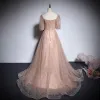 Victorian Style Champagne Prom Dresses 2020 A-Line / Princess Square Neckline Puffy Short Sleeve Sash Sequins Sweep Train Ruffle Backless Formal Dresses