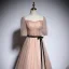 Style Victorien Champagne Robe De Bal 2020 Princesse Encolure Carrée Gonflée Manches Courtes Ceinture Paillettes Train De Balayage Volants Dos Nu Robe De Ceremonie