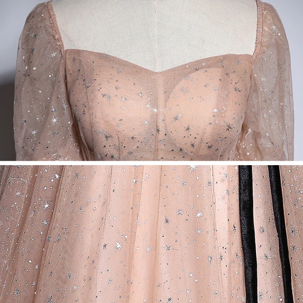 Style Victorien Champagne Robe De Bal 2020 Princesse Encolure Carrée Gonflée Manches Courtes Ceinture Paillettes Train De Balayage Volants Dos Nu Robe De Ceremonie