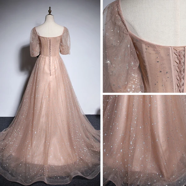 Style Victorien Champagne Robe De Bal 2020 Princesse Encolure Carrée Gonflée Manches Courtes Ceinture Paillettes Train De Balayage Volants Dos Nu Robe De Ceremonie