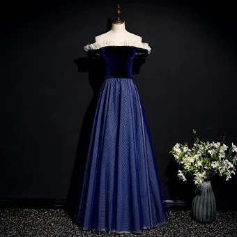 Simple Bleu Marine Robe De Bal 2020 Princesse De L 039 Épaule Manches Courtes À Carreaux Tulle Longue Volants Dos Nu Robe De Ceremonie