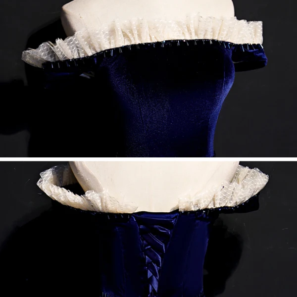 Simple Bleu Marine Robe De Bal 2020 Princesse De l'épaule Manches Courtes à carreaux Tulle Longue Volants Dos Nu Robe De Ceremonie