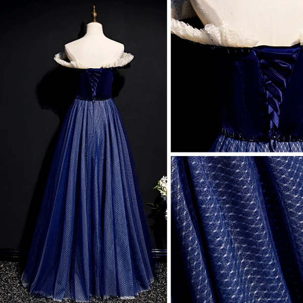 Simple Bleu Marine Robe De Bal 2020 Princesse De l'épaule Manches Courtes à carreaux Tulle Longue Volants Dos Nu Robe De Ceremonie