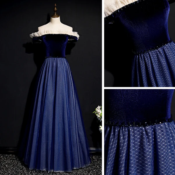 Simple Bleu Marine Robe De Bal 2020 Princesse De l'épaule Manches Courtes à carreaux Tulle Longue Volants Dos Nu Robe De Ceremonie