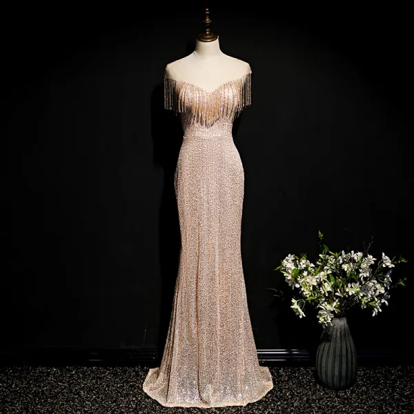 Sparkly Champagne Gold Sequins Evening Dresses  2020 Trumpet / Mermaid See-through Scoop Neck Sleeveless Beading Tassel Floor-Length / Long Backless Formal Dresses