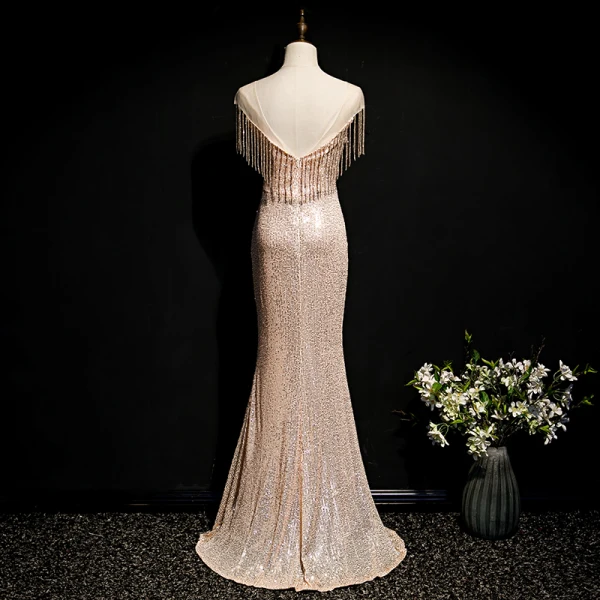 Scintillantes Champagne Doré Paillettes Robe De Soirée 2020 Trompette / Sirène Transparentes Encolure Dégagée Sans Manches Perlage Gland Longue Dos Nu Robe De Ceremonie