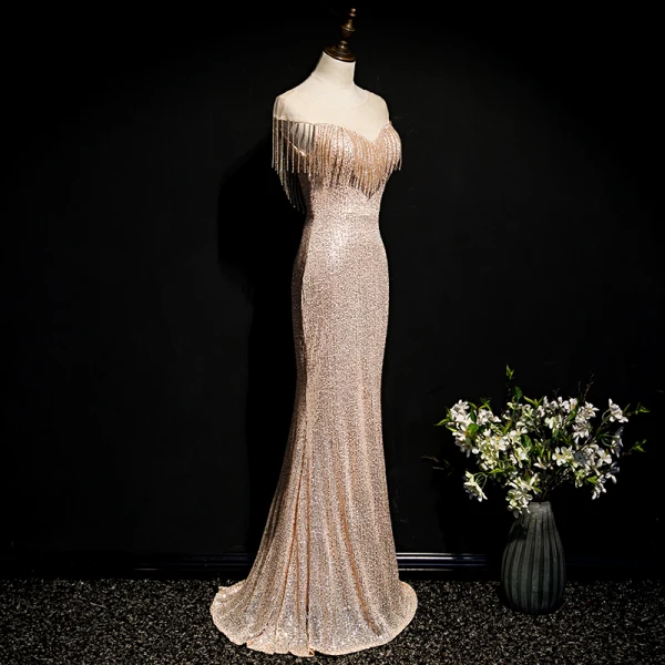 Scintillantes Champagne Doré Paillettes Robe De Soirée 2020 Trompette / Sirène Transparentes Encolure Dégagée Sans Manches Perlage Gland Longue Dos Nu Robe De Ceremonie