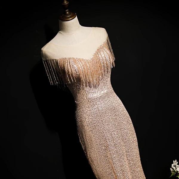 Scintillantes Champagne Doré Paillettes Robe De Soirée 2020 Trompette / Sirène Transparentes Encolure Dégagée Sans Manches Perlage Gland Longue Dos Nu Robe De Ceremonie
