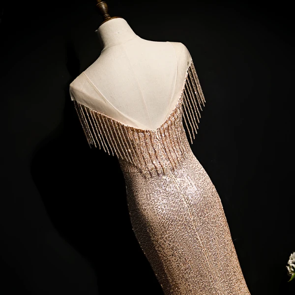 Scintillantes Champagne Doré Paillettes Robe De Soirée 2020 Trompette / Sirène Transparentes Encolure Dégagée Sans Manches Perlage Gland Longue Dos Nu Robe De Ceremonie