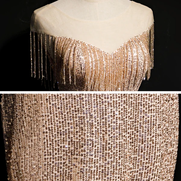Scintillantes Champagne Doré Paillettes Robe De Soirée 2020 Trompette / Sirène Transparentes Encolure Dégagée Sans Manches Perlage Gland Longue Dos Nu Robe De Ceremonie