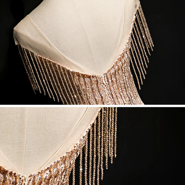 Scintillantes Champagne Doré Paillettes Robe De Soirée 2020 Trompette / Sirène Transparentes Encolure Dégagée Sans Manches Perlage Gland Longue Dos Nu Robe De Ceremonie