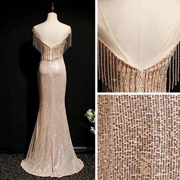 Scintillantes Champagne Doré Paillettes Robe De Soirée 2020 Trompette / Sirène Transparentes Encolure Dégagée Sans Manches Perlage Gland Longue Dos Nu Robe De Ceremonie