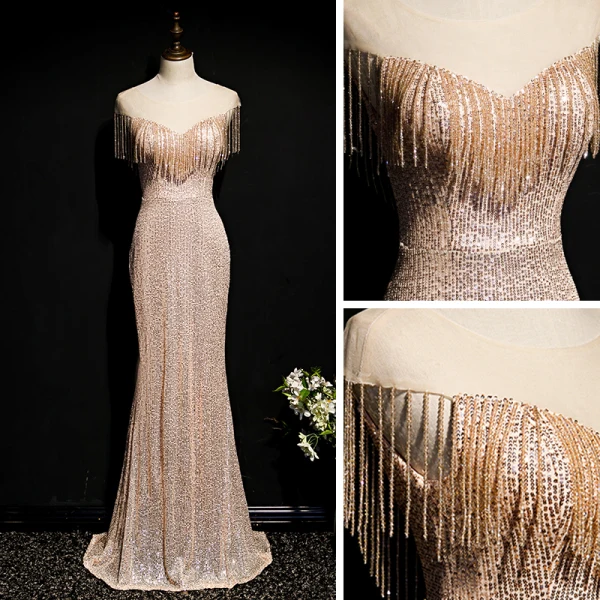 Scintillantes Champagne Doré Paillettes Robe De Soirée 2020 Trompette / Sirène Transparentes Encolure Dégagée Sans Manches Perlage Gland Longue Dos Nu Robe De Ceremonie