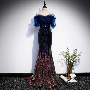 Sparkly Mørk Marineblå Gradient Farge Paljetter Selskapskjoler 2020 Trompet Havfrue Av Skulderen Korte Ermer Beading Feie Tog Buste Ryggløse Formelle Kjoler