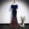 Sparkly Navy Blue Gradient-Color Sequins Evening Dresses  2020 Trumpet / Mermaid Off-The-Shoulder Short Sleeve Beading Sweep Train Ruffle Backless Formal Dresses