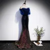 Sparkly Navy Blue Gradient-Color Sequins Evening Dresses  2020 Trumpet / Mermaid Off-The-Shoulder Short Sleeve Beading Sweep Train Ruffle Backless Formal Dresses
