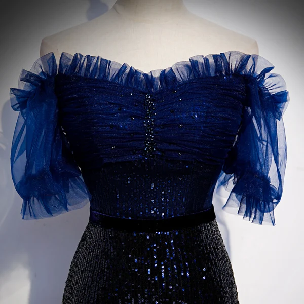 Scintillantes Bleu Marine Dégradé De Couleur Paillettes Robe De Soirée 2020 Trompette / Sirène De l'épaule Manches Courtes Perlage Train De Balayage Volants Dos Nu Robe De Ceremonie