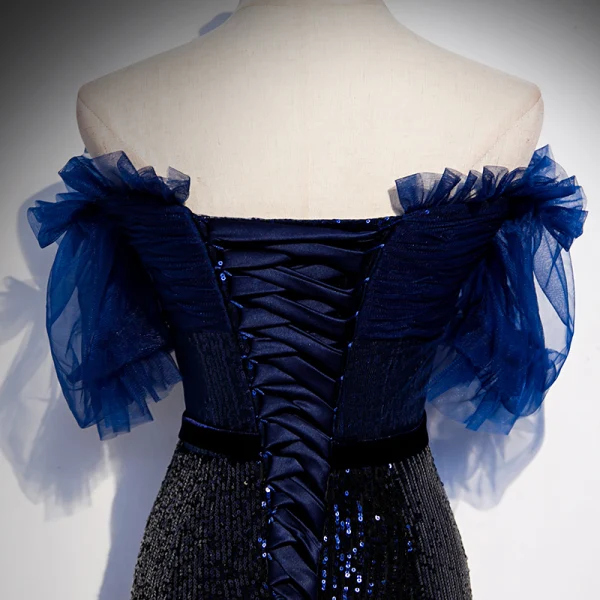 Scintillantes Bleu Marine Dégradé De Couleur Paillettes Robe De Soirée 2020 Trompette / Sirène De l'épaule Manches Courtes Perlage Train De Balayage Volants Dos Nu Robe De Ceremonie