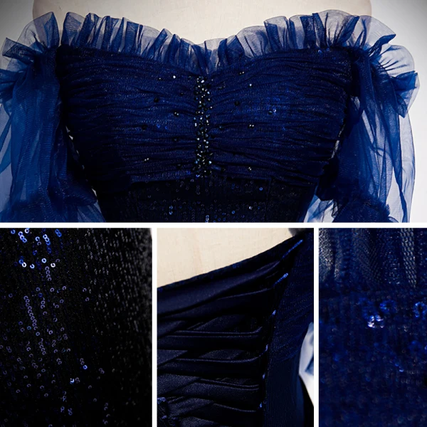 Scintillantes Bleu Marine Dégradé De Couleur Paillettes Robe De Soirée 2020 Trompette / Sirène De l'épaule Manches Courtes Perlage Train De Balayage Volants Dos Nu Robe De Ceremonie
