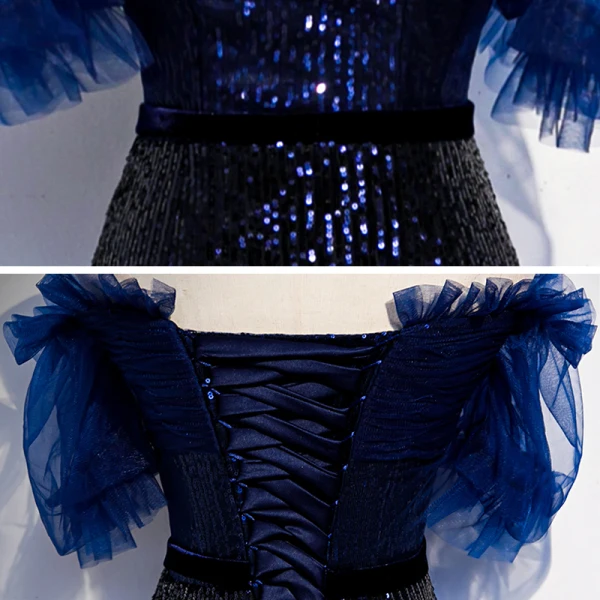 Scintillantes Bleu Marine Dégradé De Couleur Paillettes Robe De Soirée 2020 Trompette / Sirène De l'épaule Manches Courtes Perlage Train De Balayage Volants Dos Nu Robe De Ceremonie