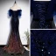 Scintillantes Bleu Marine Dégradé De Couleur Paillettes Robe De Soirée 2020 Trompette / Sirène De l'épaule Manches Courtes Perlage Train De Balayage Volants Dos Nu Robe De Ceremonie