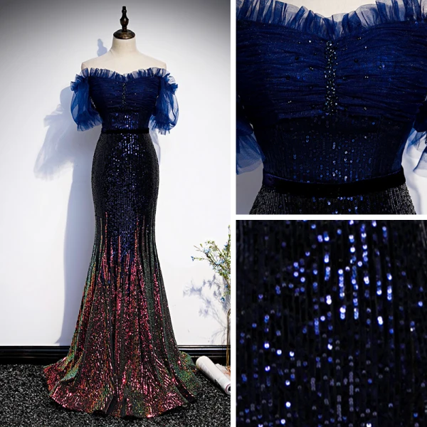 Scintillantes Bleu Marine Dégradé De Couleur Paillettes Robe De Soirée 2020 Trompette / Sirène De l'épaule Manches Courtes Perlage Train De Balayage Volants Dos Nu Robe De Ceremonie