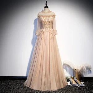 Vintage Originale Champagne Robe De Bal 2020 Princesse Transparentes Col Haut Manches Longues Perlage Glitter Tulle Longue Volants Dos Nu Robe De Ceremonie