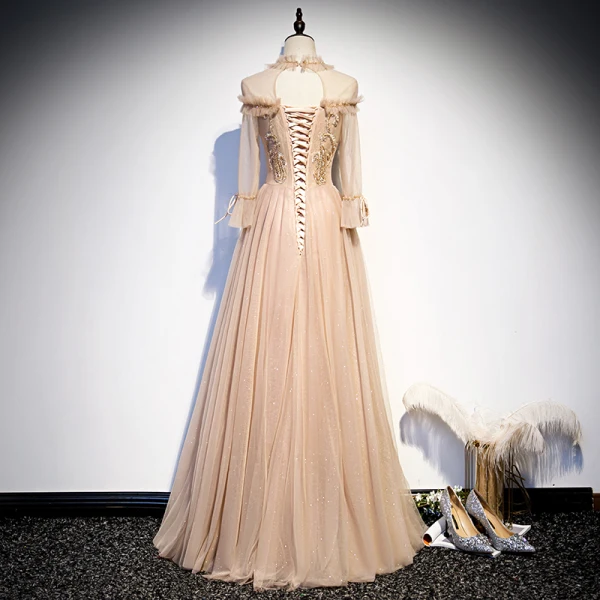 Vintage / Retro Champagne Prom Dresses 2020 A-Line / Princess See-through High Neck Long Sleeve Beading Glitter Tulle Floor-Length / Long Ruffle Backless Formal Dresses