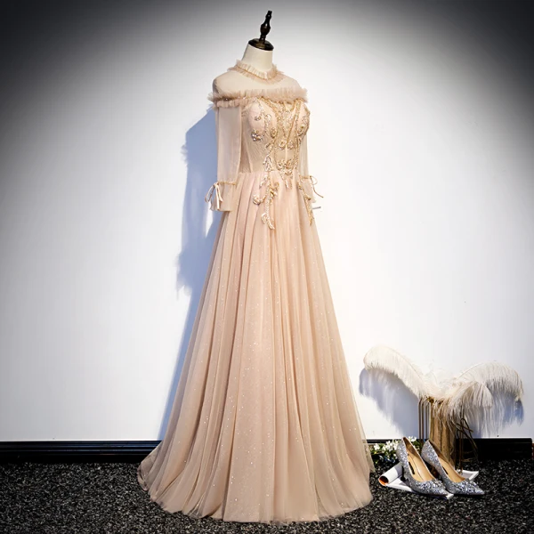 Vintage / Retro Champagne Prom Dresses 2020 A-Line / Princess See-through High Neck Long Sleeve Beading Glitter Tulle Floor-Length / Long Ruffle Backless Formal Dresses