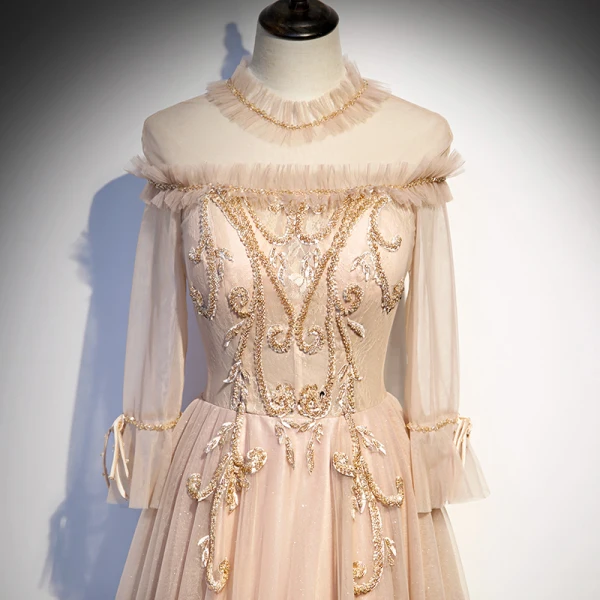 Vintage / Retro Champagne Prom Dresses 2020 A-Line / Princess See-through High Neck Long Sleeve Beading Glitter Tulle Floor-Length / Long Ruffle Backless Formal Dresses