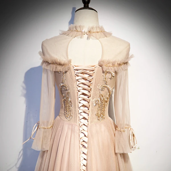 Vintage / Retro Champagne Prom Dresses 2020 A-Line / Princess See-through High Neck Long Sleeve Beading Glitter Tulle Floor-Length / Long Ruffle Backless Formal Dresses