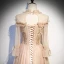 Vintage / Retro Champagne Prom Dresses 2020 A-Line / Princess See-through High Neck Long Sleeve Beading Glitter Tulle Floor-Length / Long Ruffle Backless Formal Dresses