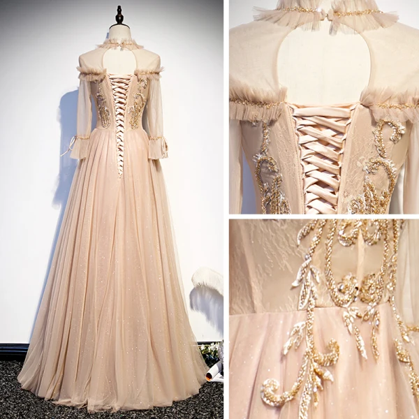 Vintage / Retro Champagne Prom Dresses 2020 A-Line / Princess See-through High Neck Long Sleeve Beading Glitter Tulle Floor-Length / Long Ruffle Backless Formal Dresses