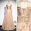 Vintage / Retro Champagne Prom Dresses 2020 A-Line / Princess See-through High Neck Long Sleeve Beading Glitter Tulle Floor-Length / Long Ruffle Backless Formal Dresses