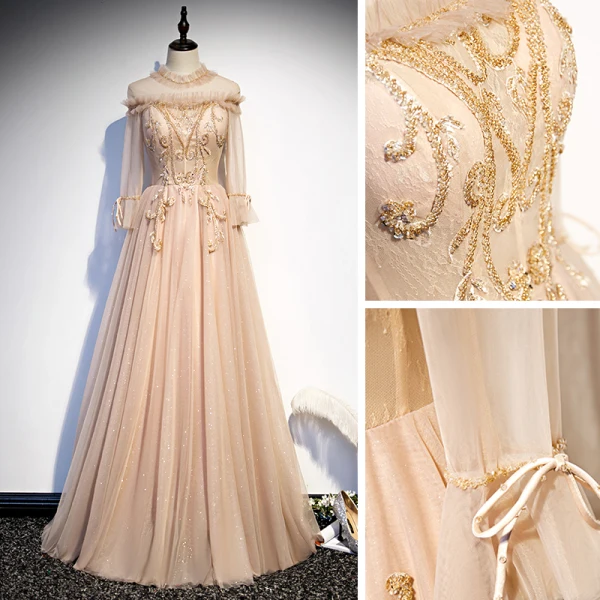 Vintage / Retro Champagne Prom Dresses 2020 A-Line / Princess See-through High Neck Long Sleeve Beading Glitter Tulle Floor-Length / Long Ruffle Backless Formal Dresses