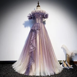 Sjarmerende Purple Gradient Farge Ballkjoler 2020 Prinsesse Av Skulderen Korte Ermer Beading Glitter Tyll Feie Tog Buste Ryggløse Formelle Kjoler
